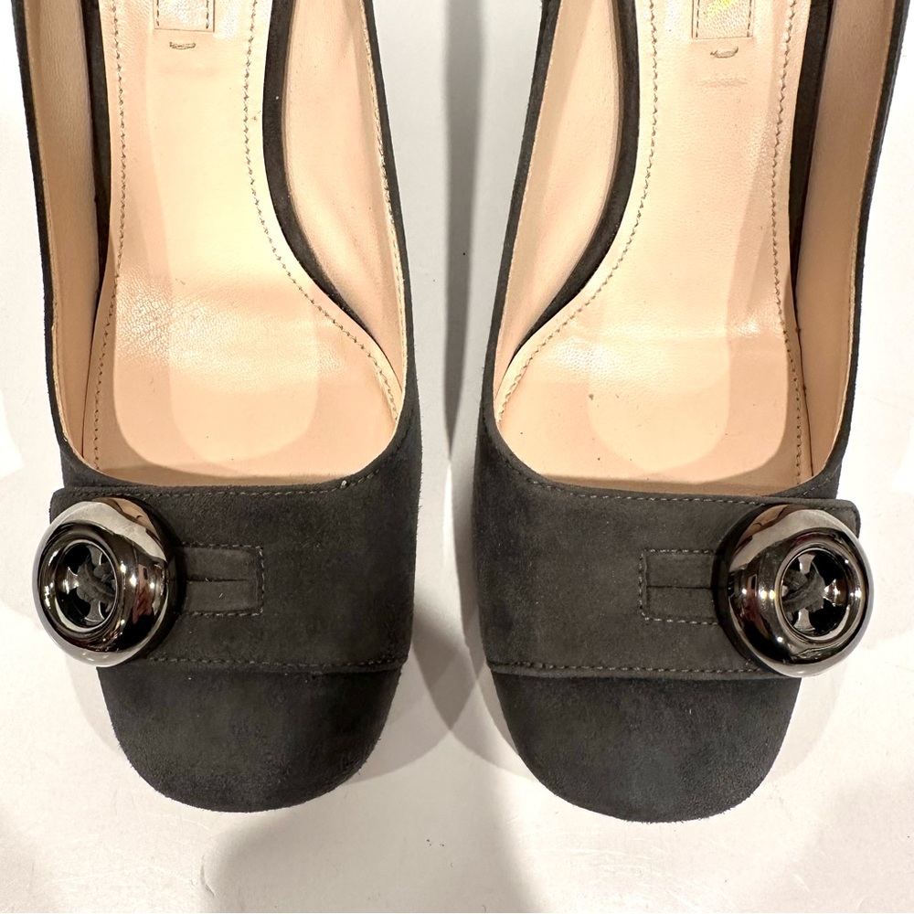 Prada Grey Suede Leather Round Square Closed Curved Block Heel Pumps EU 38 US 8 - Picture 10 of 13